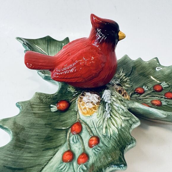 Christmas Traditions Cardinal Holly Ceramic Dish Holiday Red/Green 10" VTG - Picture 13 of 16